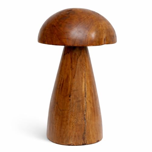 JOLLYMER Solid Teak Wood Mushroom Decor Handmade Wooden Sculpture Rustic Boho Tabletop Accent Natural Wood Grain Home Decoration Figurine for Living Room Shelf Coffee Table Indoor Decor