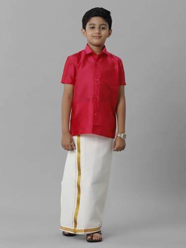 Image of RAMRAJ COTTON Boys Silk Cotton Shirt With Adjustable Cream Dhoti Perfect For Ceremonies| Festivals| And Special Occasions