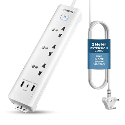 Image of EMBOX Extension Board with USB (2.4 A) Type C | Master Switch Spike Guard, Universal Sockets, LED Indicator 2000W (3 Socket + 3 USB - 2mtr)