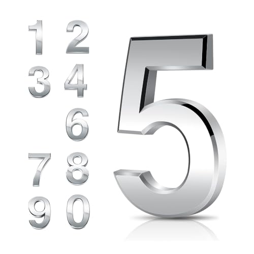 Números de puerta del 0 al 9 3D adhesivo cromado de 7,6 cm, placas impermeables cromadas galvanizadas para casa, pared, buzón, habitaciones de hotel, direcciones, números de puerta (5))