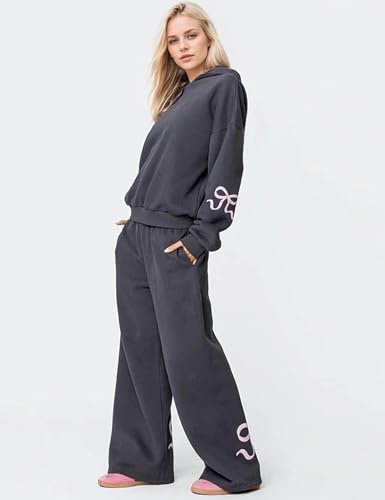 Two Piece Outfits Bow Graphic Print Hoodie Sweatpants Set Oversized Sweatshirt and High Waist Sweatpants Tracksuit3