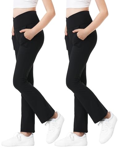 Girls Flare Leggings High Waisted Flare Pants with Pockets Bootcut Black Bell Bottoms Stretchy V-Cross 5-16 Years