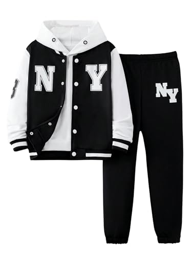 SOLY HUX Boy's 2 Piece Letter Graphic Outfits Color Block Long Sleeve Varsity Jacket and Sweatpants Streetwear Set Black and White Letter 12Y