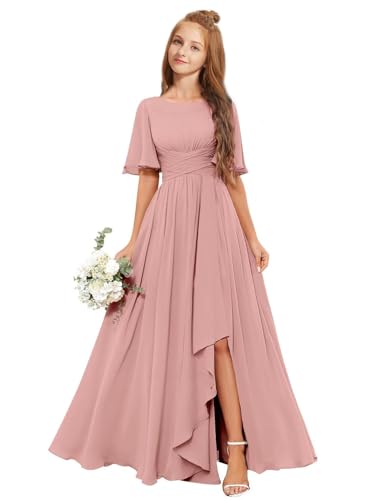 MRHUSH Junior Bridesmaid Dresses Chiffon Flower Girl Dress for Teen Girls Formal Dresses Short Sleeve Pleated Pageant Gowns2