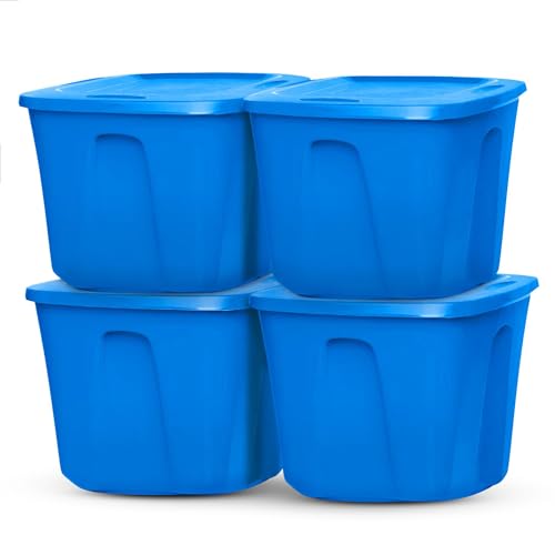HOMZ 4-Pack Durable Molded Bin, Plastic Storage Containers w/Lids, 18 Gallon, Blue - Stackable Organizer Totes and Boxes for Bedroom, Kitchen, and Garage Organization