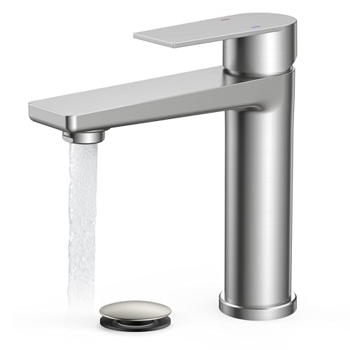 Robinet de salle de bain en nickel brossé monotrou avec bonde pop-up et plaque de pont