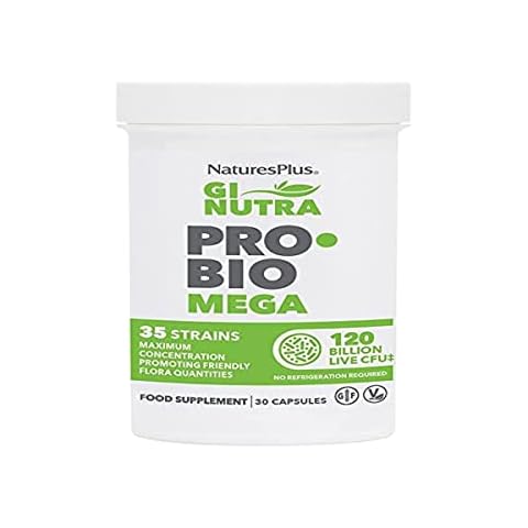 NaturesPlus GI NUTRA Pro Bio MEGA - 120 Billion CFU Probiotics for Women and Men - 35 Science Backed Live Bacteria with Gut Friendly Prebiotic Fibre - Vegetarian, Gluten Free - 30 Capsules Cover