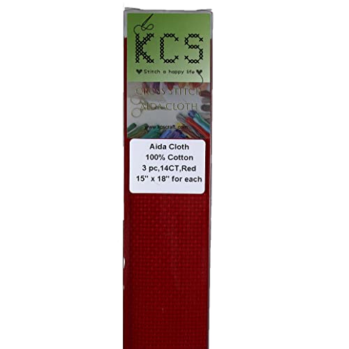 Image of KCS 3 pc of 15 inch x 18 inch Counted Cross Stitch Cotton Aida Cloth Needlework Rolled Fabric Box,14CT,Red
