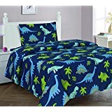 Elegant Home Dinosaurs Design Multicolor Dark Blue Green Sheet Set with Pillowcase Flat Fitted Sheet for Boys / Kids/ Teens # Dinosaurs Blue 2 (Twin)