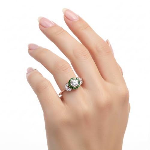 Image of Rose Gold Plated Diamond CZ & Blue Sapphire Petal Halo Engagement Ring for Women, Petite Round Shape Wedding & Everyday Jewelry, Handmade Gift for Wife US Size 4-12