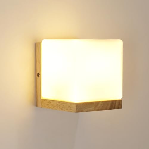 Mckalen Lampada da Parete Interno Legno, E27 Applique da Parete con Paralume di Vetro Moderno, Quadrata Lampada a Muro per Camera da Letto, Soggiorno, Corridoio, Scale (Lampadine non incluse)
