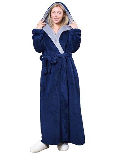 Image of Hellomamma Long Hooded Robe for Women Luxurious Flannel Fleece Full Length Bathrobe Winter Warm Pajamas Shower Nightgown