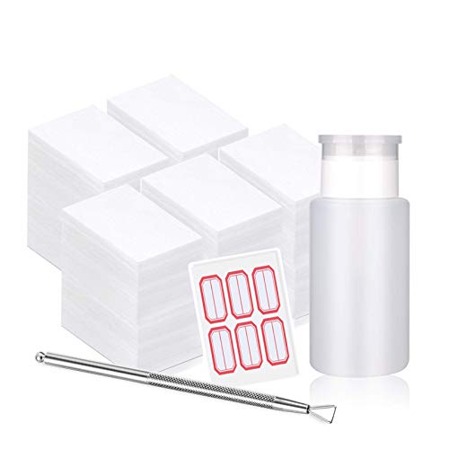 Gel Nail Polish Remover Set, Kememo 630pcs Lint Free Nail Wipes Cotton Pads & 1pcs Triangle Cuticle Pusher & 1pc Push Down Pump Dispenser Bottle for Alcohol, Acetone etc