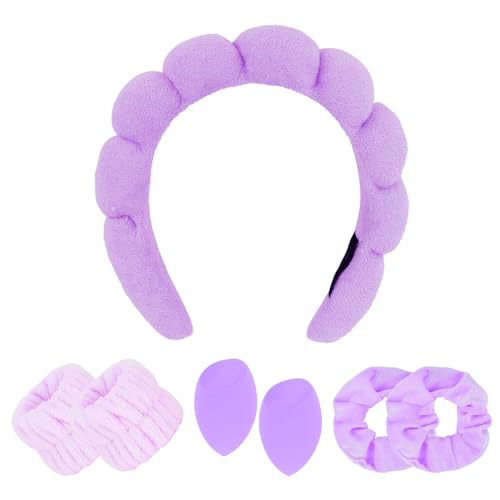 CAVETEE Makeup Headband for Washing Face, Spa Headband Wristband and Makeup Sponge, Skincare Headband Thick Sponge Headband for Women Girls, Purple