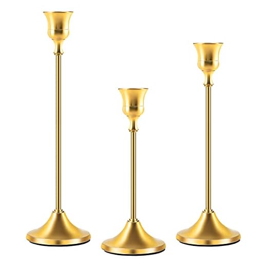 Candelabro Dorado, Juego de 3 Candelabro de Meta Decorativos para de 2.2 cm de Velas Cónicas Sola Cabeza Portavelas, para Navidad Halloween Bodas Fiestas, 17/20/23cm Oro