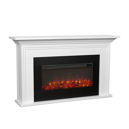 Real Flame Cleo 76” Electric Fireplace with Mantel for Living Room or Bedroom, Replaceable Fireplace Insert Heater, Realistic Log and Flame Effect, Remote Control, Timer, White