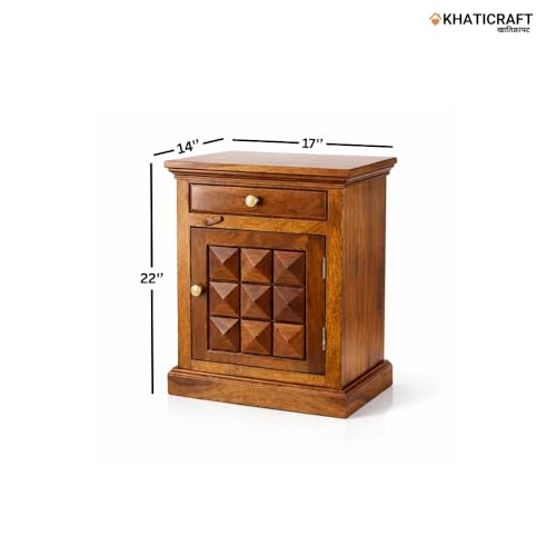 Image of Solid Sheesham Wood Stupa Bedside Table with Drawer and Door Storage for Bedroom Furniture | Wooden Bedside End Tables | Nightstand Side Table for Living Room Home and Hotels (Honey Finish)