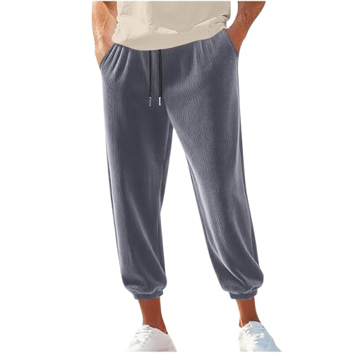 Mens Corduroy Joggers Crop Pants Drawstring Elastic Waist Baggy Tapered Casual Sweatpants with Pockets
