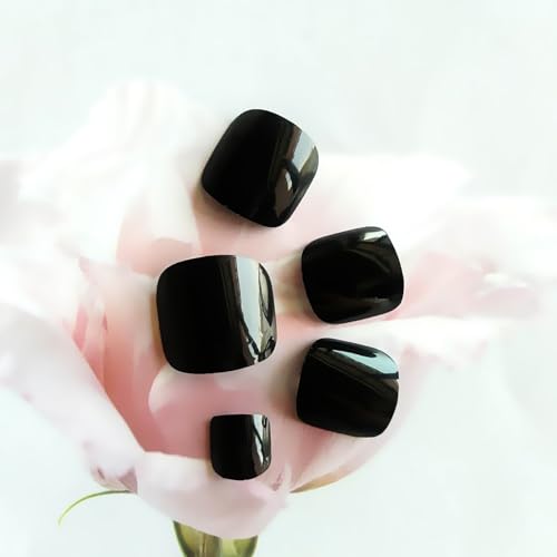 Image of Classic Black Press on Toenails Short Square Fake Toe Nails Full Cover Glossy Stick on Toe Nails for Women Daily Manicure 24Pcs