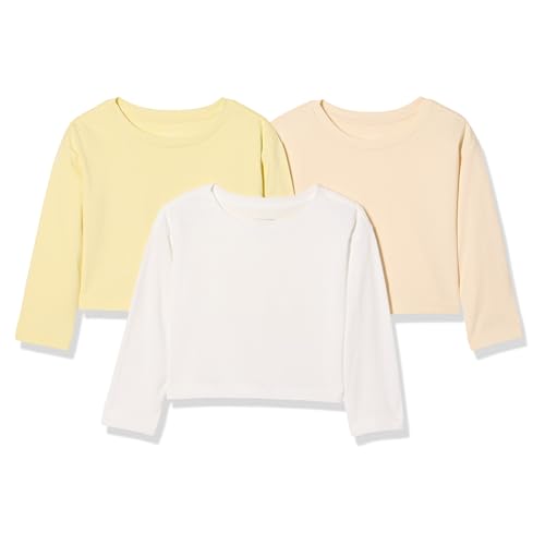 Amazon Essentials Toddler Girls Long Sleeve Cotton T-Shirts Pack of 3 Beige/Pastel Yellow/White 4T