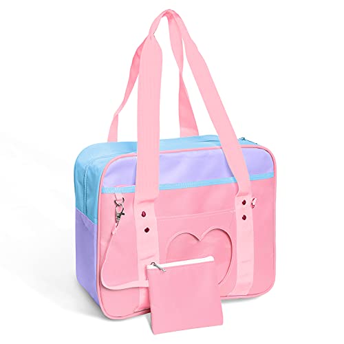 Japanese School Bag,Ita Bag Heart Shape Kawaii Bag with Purse Anime Handbag Shoulder Bag for Girls & Women (Pink+Purple)