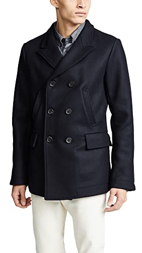 Billy Reid Men's Wool Double Breasted Bond Peacoat with Leather Details, Navy, X-Large