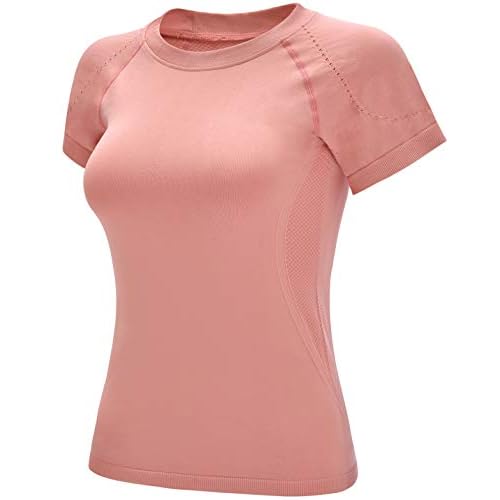 RUNNING GIRL Seamless Workout Shirts for Women，Short Sleeve T-Shirt Stretch Tees Quick Dry Gym Athletic Tops Large Copper Coil