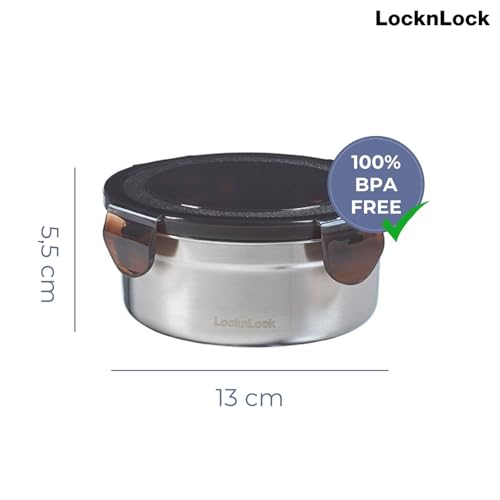 LocknLock Edelstahl Vorratsdose mit Deckel, Rund, 460 ml Ø 130 × 55 mm, BPA-Frei, Spülmaschinengeeignet, Gefriertruhengeeignet bis -20°C, Edelstahl Aufbewahrungsbox mit Deckel