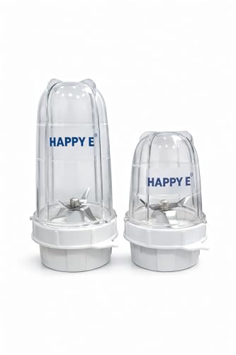 Image of HAPPY E Premium Transparent Bullet Jars | BPA-Free Heavy Duty Polycarbonate | Leakproof | 304 SS Blades | Fits 2-Lock Mixer Grinders (4 Teeth Coupler) - Prestige, Bajaj, Preethi, Sumeet (500+300 ml)