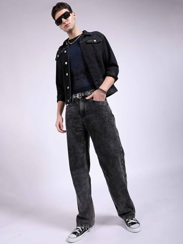 Image of The Indian Garage Co Men Baggy Solid Mid-Rise Stretchable Jeans