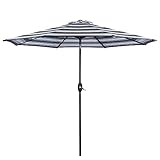 Aok Garden 9 ft Patio Umbrella Striped Outdoor Table Market Umbrella with Push Button Tilt and Crank 8 Sturdy Aluminum Ribs for Deck, Lawn, Pool& Backyard, Blue&Brown striped
