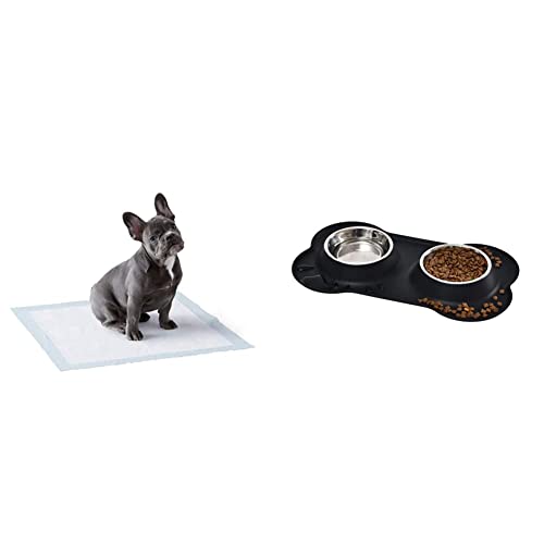 Image of Amazonbasics Pet Training and Puppy Pads, Regular - 50-Count & Dog Bone Shaped Silicone Pet Bowl Combo - Black