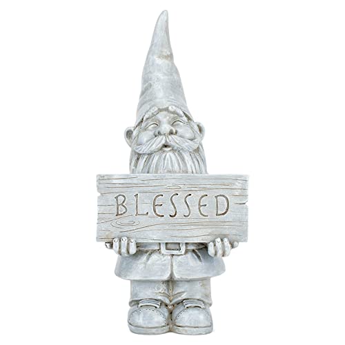 NAT & JULES Blessed Gnome Aged Cement Hue 12 inch Resin Stone Garden Statue