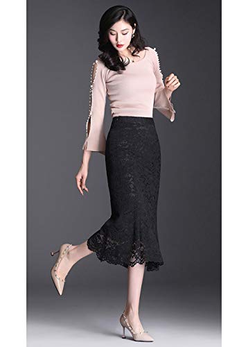 ebossy Women's Scallop Hem Mermaid Lace Midi Skirt Business Work Office Wear4