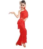 Conjunto De Baile Latino For Niñas, Pantalones De Talla Grande con Flecos Y Borlas Y Top Sólido con Flecos, Traje De Competición De Salsa Samba, Trajes De Práctica De Baile(Pink,120)