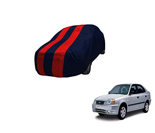 Image of Auto Hub Car Cover Compatible with Hyundai Accent with Mirror Pocket,Triple Stitched, Weather Proof, Accent Car Cover- Navy-Red