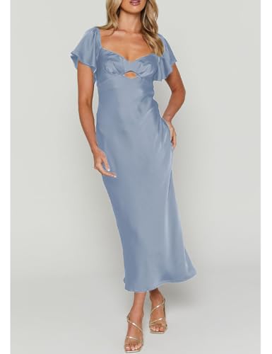 Image of Summer Satin Flutter Sleeve Wedding Guest Dresses for Women Sweetheart Neckline Cutout Tie Back Midi Cocktail Dress