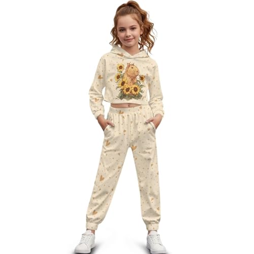 WELLFLYHOM Girls Fall Clothes Athletic Sweatsuit 4-13 Long Sleeve Hoodie and Pants Set Cropped Sweatshirt and Sweatpants Set