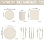 140Pcs Ivory Plates and Napkins, Beige Party Supplies Include Scalloped Cream Paper Plates Napkins Cups Thanksgiving Plate Set for Birthday, Wedding, Bridal&Baby Shower (Ivory white) - Image 2