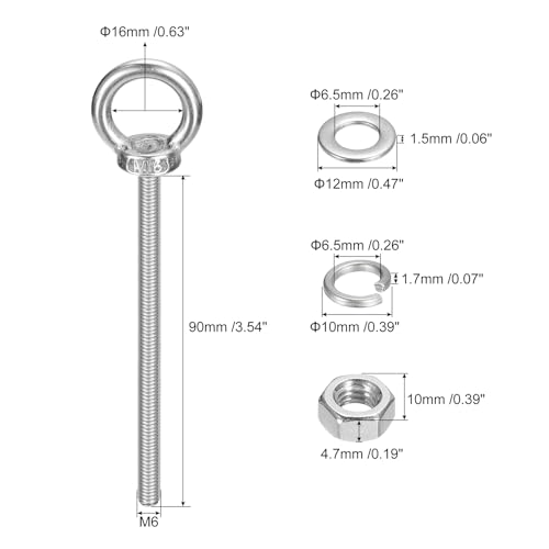 Image of uxcell Lifting Eye Bolt, 2 Sets M6 x 90mm Eye Bolt with Nut Washer 304 Stainless Steel Shoulder Lifting Ring Eye Bolt for Hanging Item