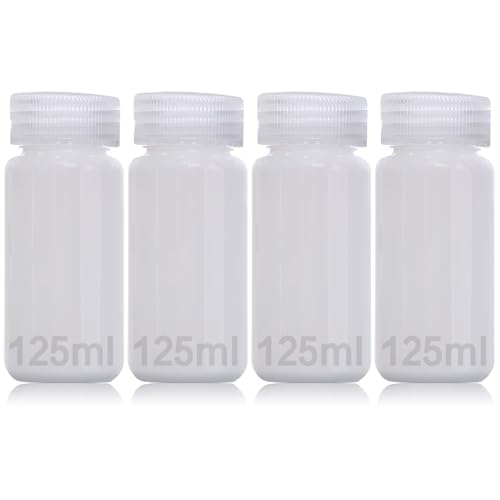 DKBT 4 Stück Weithalsflasche Kunststoff Flasche 125ml Leere Laborflasche Auslaufsicher Durchscheinend aus HDPE-Flasche mit Breiter Öffnung für Pillenflaschen Wasserprobenflaschen