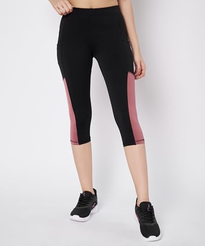 Image of Mehrang High-Waisted Capri Leggings with Side Pocket - Black & Contrast Color Block Activewear for Gym, Yoga, and Everyday Comfort for Women