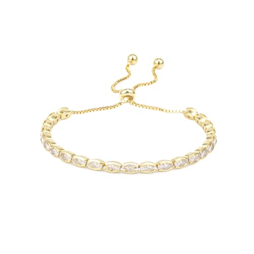 Adjustable Gold Oval Cubic Zirconia Tennis Bracelet for Mom Wife, 925 Sterling Silver 14K Gold Plated, Dainty Jewelry Gift for Women