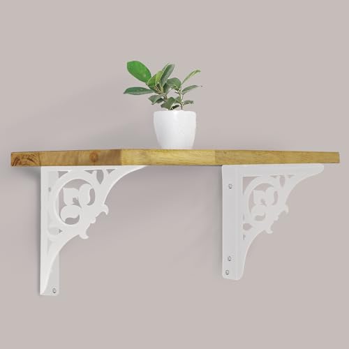 Image of Wall Shelf with Wooden Top Black|White Iron Brackets Storage Rack|Industrial Wall-Mounted Floating Shelf for Living Room,Kitchen,Bathroom (White Single Floral Large)