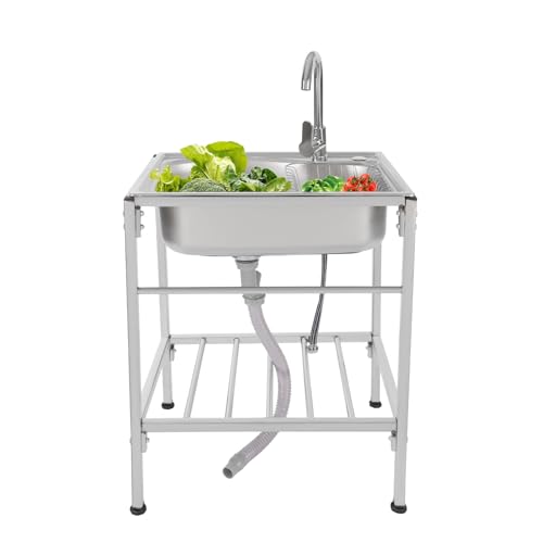 RjcdOPL Fregadero de cocina con patas independiente de acero inoxidable con grifo de agua caliente/fría para cocina, lavandería, restaurante (60 x 45 x 75 cm)