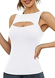 Afibi Womens Cutout Front Tops Sleeveless Shirts Ribbed Tanks Slim Fitted Y2K Sexy Basic Tee Shirt (X-Large, White)