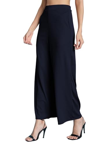 Image of Selvia Women's Solid Ribbed Lycra Elastic Regular Fit Wide-Leg Trouser