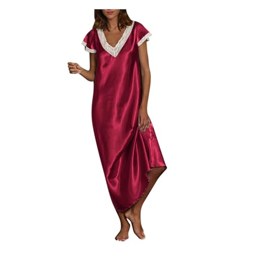 Camisón largo de satén para mujer, elegante, cuello en V, ribete de encaje, camisón de verano liso de manga corta, camisón de seda ligero, transpirable, ajuste holgado, ropa de dormir suave