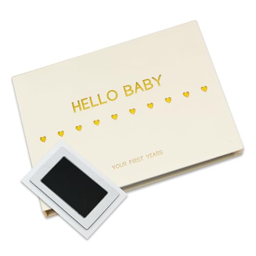 LOVE ON Baby Memory Book with Free Inkless Hand & Footprint Kit - First 5 Years Baby Journal with Elegant Linen Cover & Embossed Gold Foil - Inclusive of All Family Types (Hearts)