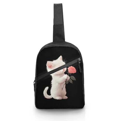 Cute Kitten Cat Holding A Rose Chest Bag Foldable Crossbody Unisex Pack Travel Hiking Adjustable Shoulder Straps Sling Bags